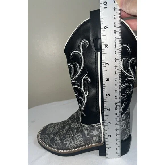 OLD WEST KIDS SQUARE TOE BLACK METALLIC SILVER BOOTS SIZE 11 - Picture 13 of 14